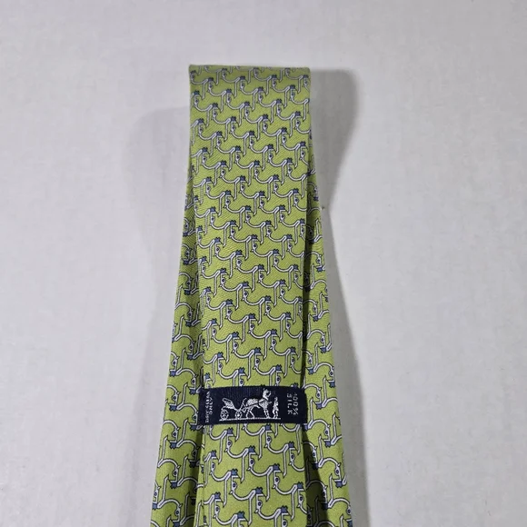 Hermes Paris France 100% Silk Necktie Mens Green Geometric Print 3.5 Width